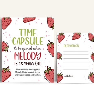 Modelo editável de cápsula do tempo de aniversário de morango | Berry Sweet, Sinal de Festa de Morango | Modelo para impressão com download instantâneo • Corjl