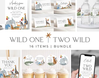 Editable Wild One • Two Wild Birthday Party BUNDLE | 16 EDITABLE Templates | Wild Modern Safari, Zoo, Party Animals | Digital Template Corjl