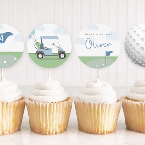Golf Birthday Cupcake Toppers • Party Circles | Modern Golf Par-Tee Birthday, EDITABLE Digital Template | Corjl - Instant Download