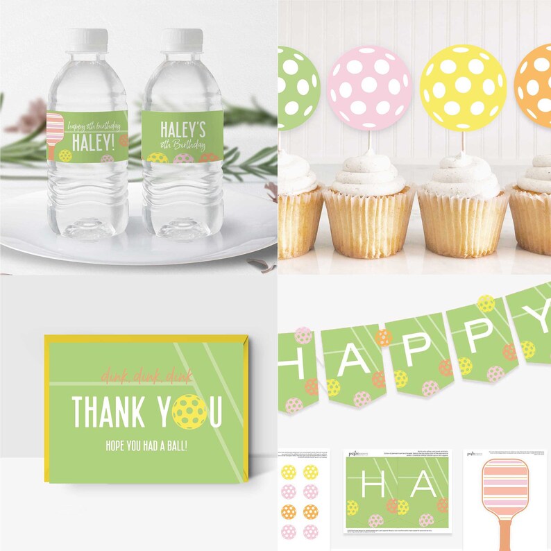 Op de afbeelding: Printbare feestversiering voor een pickleball-thema verjaardagsfeest. De set bevat een banner, cupcake toppers, waterfleslabels, bedankkaartjes en een racket.