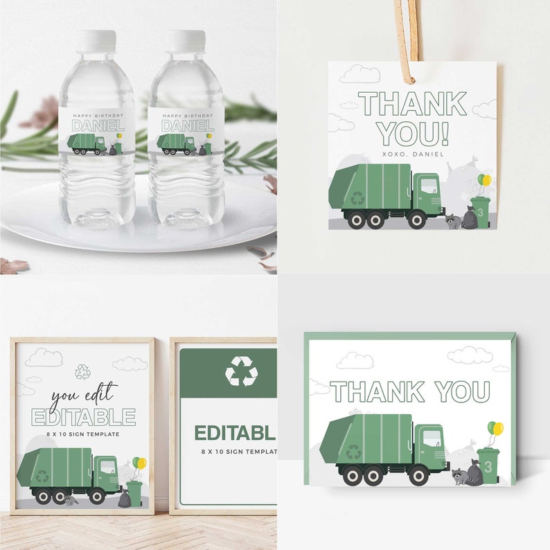 May include: Printable party decorations for a garbage truck themed birthday party. The set includes a thank you card, water bottle labels, and a sign with the text "you edit EDITABLE 8 x 10 SIGN TEMPLATE". The design features a green garbage truck with a recycling symbol, a raccoon, and a bin.