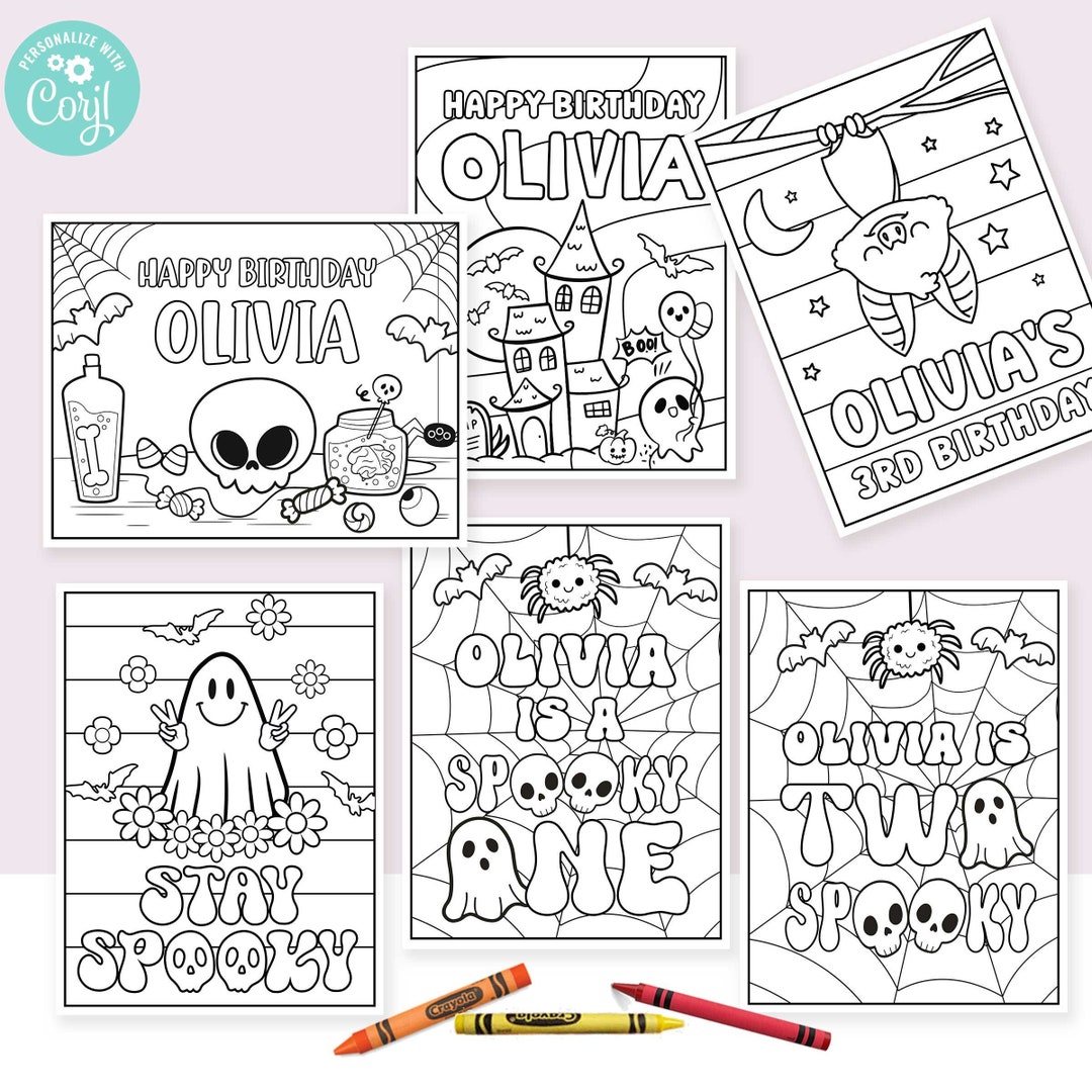 Halloween Birthday Party Coloring Pages • Girl Spooky One, Two Spooky Coloring Sheets • 5 ...