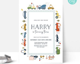EDITABLE Transportation Birthday Party Invitation • Honk Beep Vroom • Cute Cars • Template | Corjl Instant Access
