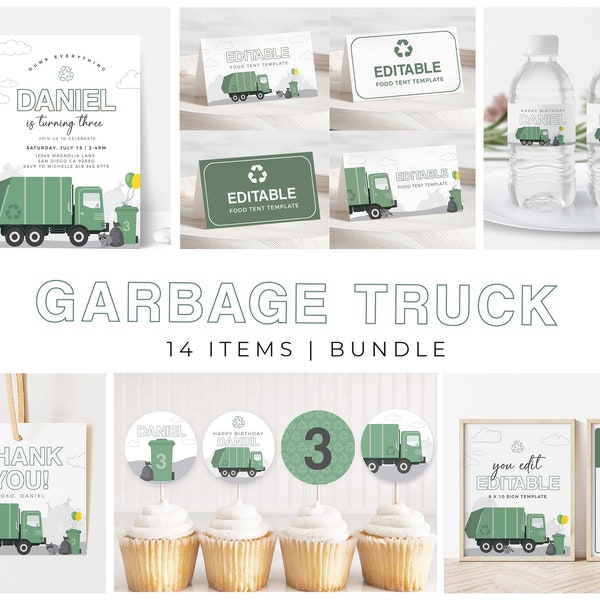 EDITABLE Garbage Truck Birthday Collection BUNDLE | 14 EDITABLE Digital Templates | Corjl - Instant Download