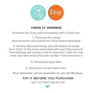 May include: A graphic showing how to purchase and personalize a digital product through Etsy and Corjl.com. The graphic includes the Etsy and Corjl logos, and instructions on how to purchase, download, personalize, and print the product. The text reads "How it Works", "Purchase thru Etsy and immediately edit in Corjl.com", "Download the instructions thru Etsy Instant Download", "Shortly after purchasing, you will receive an email from "Corjl" to the email associated with your Etsy account. The message will include a link to corjl.com > click the link, enter your etsy email and order number *not transaction #", "Personalize your item", "Download and print your files.", "Your template will be available to you for 90 days", "Try it before you purchase", and "Use the demo link below".