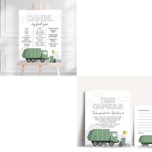 May include: A green and white printable poster featuring a garbage truck design. The poster is titled "Daniel, my first year" and includes details about the child's first year of life, such as their first smile, first tooth, and favourite foods. The poster also includes a time capsule to be opened when Daniel is 18.