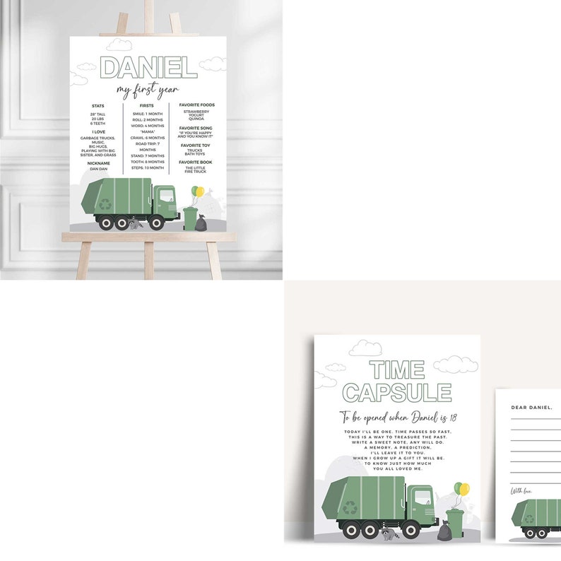 May include: A green and white printable poster featuring a garbage truck design. The poster is titled "Daniel, my first year" and includes details about the child's first year of life, such as their first smile, first tooth, and favourite foods. The poster also includes a time capsule to be opened when Daniel is 18.