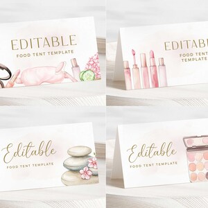 Może przedstawiać: Cztery białe, składane karty ze złotym tekstem „EDITABLE FOOD TENT TEMPLATE”. Każda karta zawiera akwarelowe ilustracje kosmetyków i artykułów spa, w tym makijaż, szminki, maski na oczy i kamienie spa.