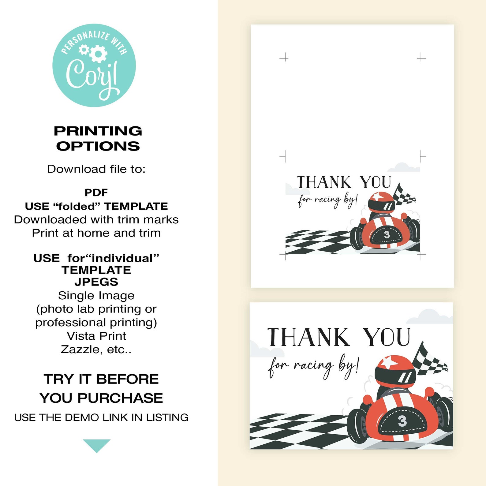 Thank You Racers EDITABLE Race Car Thank You Card • Racer Thank You • Folded Card, Two ...