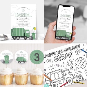 May include: A green garbage truck birthday party invitation with the text "Daniel is turning three" and a green and white number 3. There are also cupcake toppers with a green garbage truck, a green and white number 3, and a green garbage can with the text "Daniel".