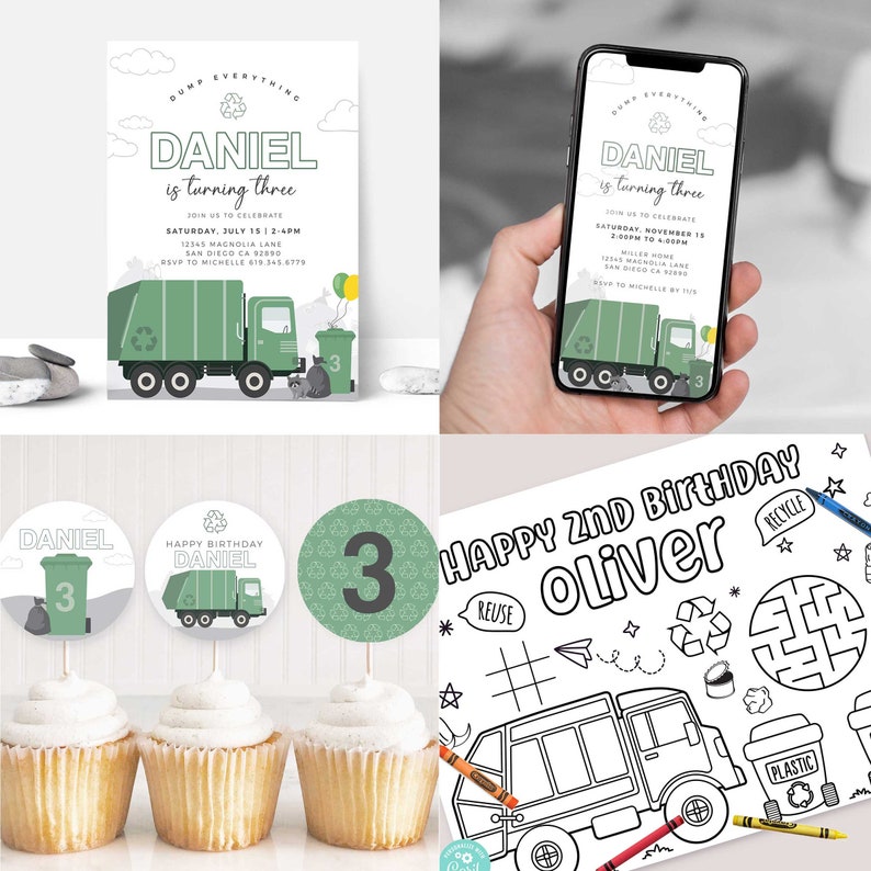 May include: A green garbage truck birthday party invitation with the text "Daniel is turning three" and a green and white number 3. There are also cupcake toppers with a green garbage truck, a green and white number 3, and a green garbage can with the text "Daniel".