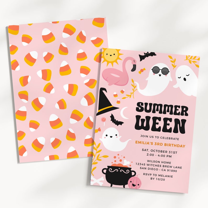 May include: Pink invitation with a cartoon ghost, witch hat, and a cauldron. The text reads "Summer Ween" and "Join us to celebrate Emilia's 3rd Birthday".