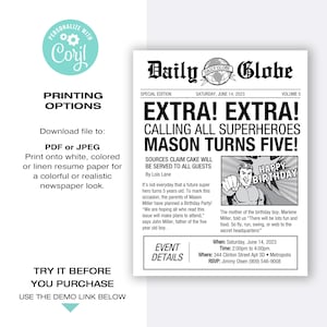 May include: A black and white newspaper-style birthday invitation for a boy named Mason turning five. The headline reads "Extra! Extra! Calling all superheroes Mason turns five!" with a cartoon superhero image. The invitation includes event details such as date, time, location, and RSVP information.