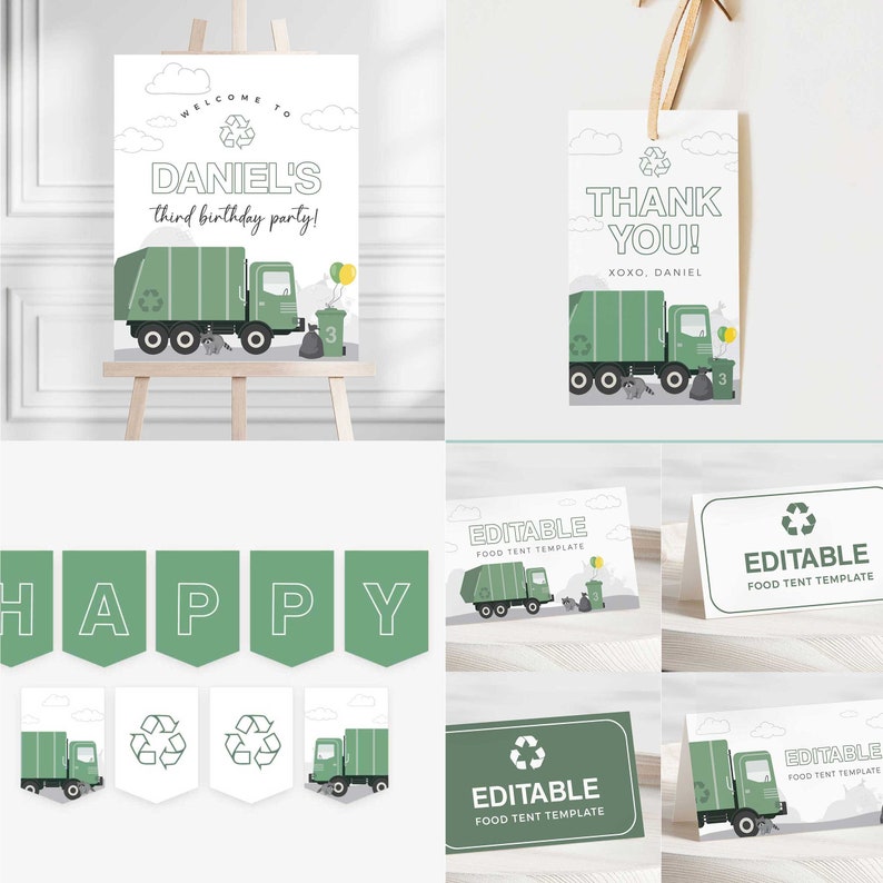 May include: A green garbage truck with a recycling symbol on the side, a raccoon, and a bin. The text "WELCOME TO DANIEL'S third birthday party!" is on a white sign with clouds. There are also green banners that spell out "HAPPY".