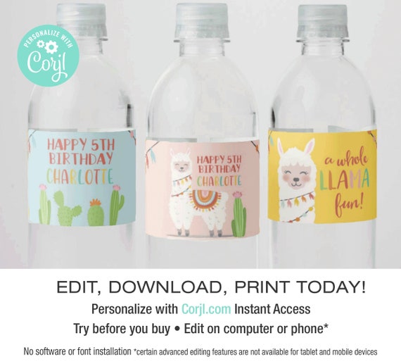 EDITABLE Printable Llama Water Bottle Labels Cactus Alpaca Etsy
