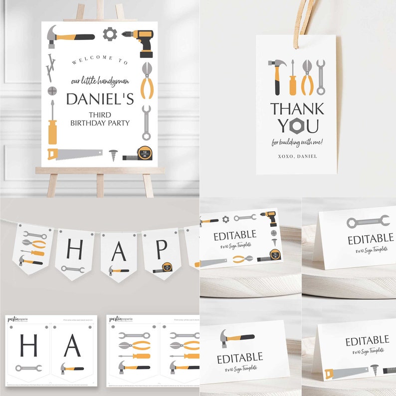 May include: A set of printable party decorations for a birthday party with a tools theme. The decorations include a welcome sign, a banner, thank you cards, and table cards. The colors are gray, yellow, and black. The text on the welcome sign reads "Welcome to our little handyman Daniel's Third Birthday Party". The text on the thank you card reads "Thank you for building with me! XOXO, Daniel".
