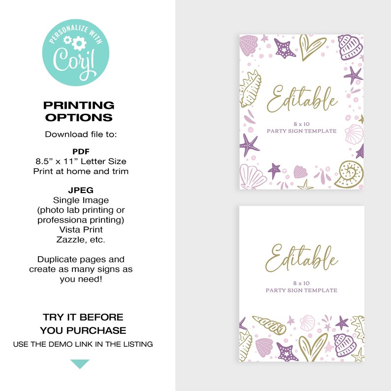 Editable Shell Template EDITABLE Sea Shell Birthday Party Signs 8