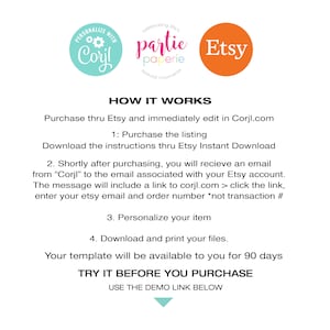 May include: A graphic with instructions on how to purchase and personalize a digital printable template through Etsy and Corjl.com. The graphic features three logos: "Personalize with Corjl", "Partie Paperie", and "Etsy".