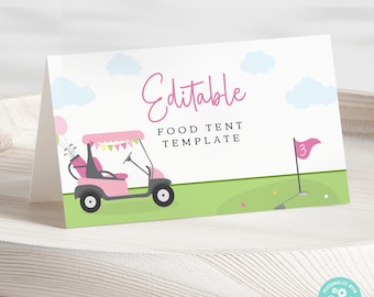 Girl Golf Birthday Food Tent | Preppy Pink Golf Par-Tee Birthday, Golf Cart, EDITABLE Digital Template | Corjl - Instant Download