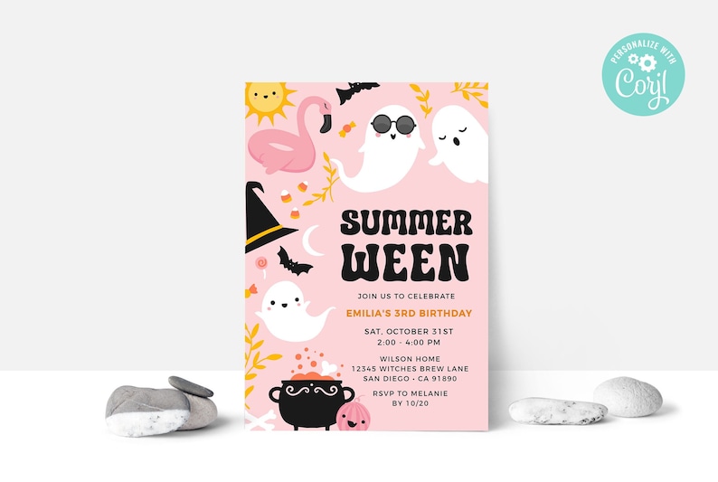 May include: Pink and yellow birthday invitation with a summer Halloween theme. The invitation features a ghost, a witch's hat, a cauldron, a flamingo, and the text "Summer Ween" and "Join us to celebrate Emilia's 3rd Birthday".