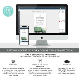 May include: Editable digital invitation for a birthday party. The invitation features a green garbage truck with a white background and clouds. The text on the invitation says "Daniel is turning three".