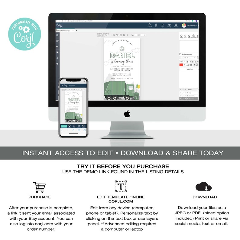 May include: Editable digital invitation for a birthday party. The invitation features a green garbage truck with a white background and clouds. The text on the invitation says "Daniel is turning three".