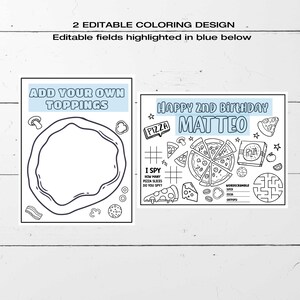 May include: Two printable coloring pages featuring a pizza theme. The first page has a large pizza with a blank space for adding toppings. The second page has a pizza with toppings, a word scramble, and an I Spy game. The text on the second page says "Happy 2nd Birthday Matteo".