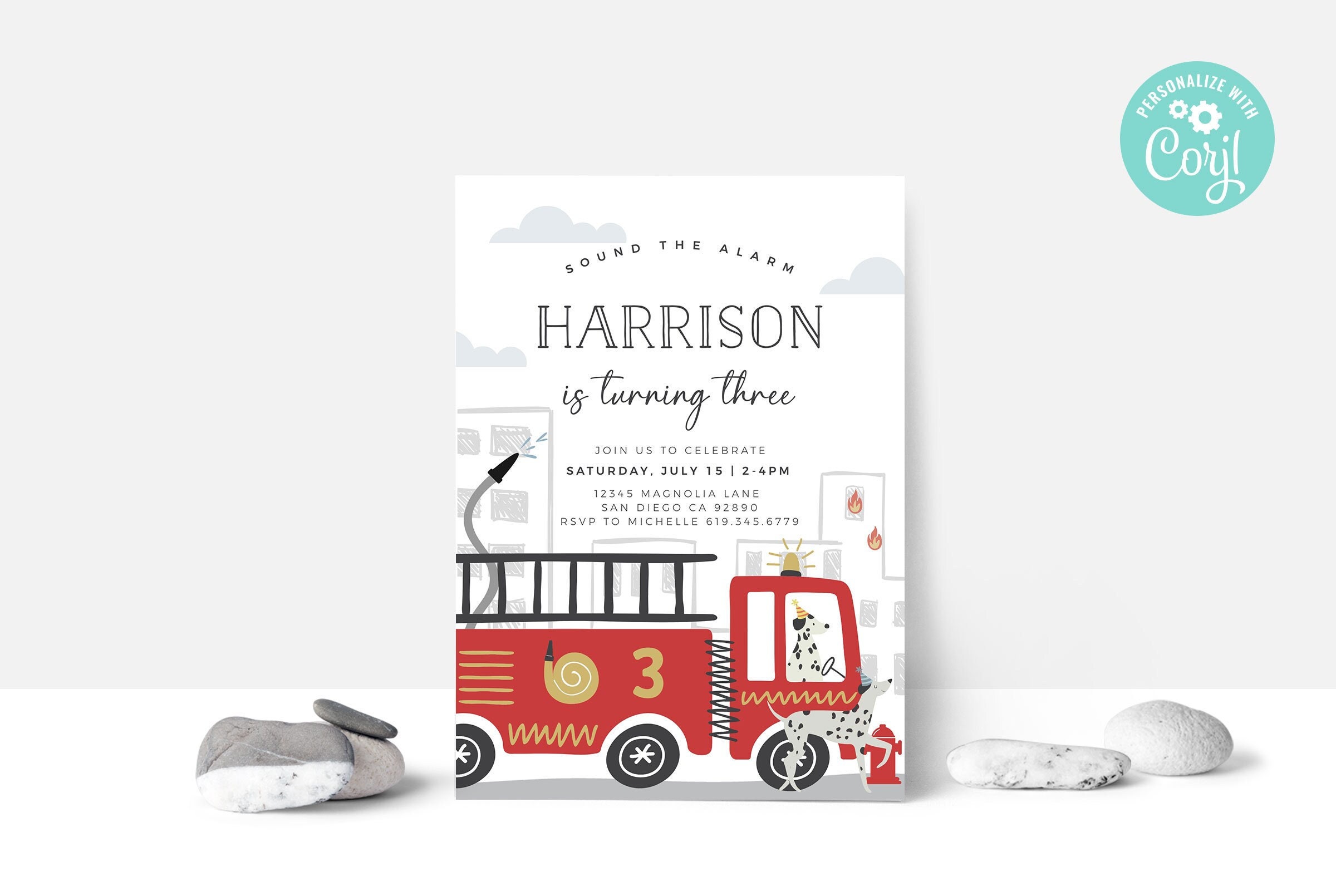 EDITABLE Fire Truck Birthday Party Invitation Fireman Invite Fire truck invite firetruck Digital Template Corjl Instant