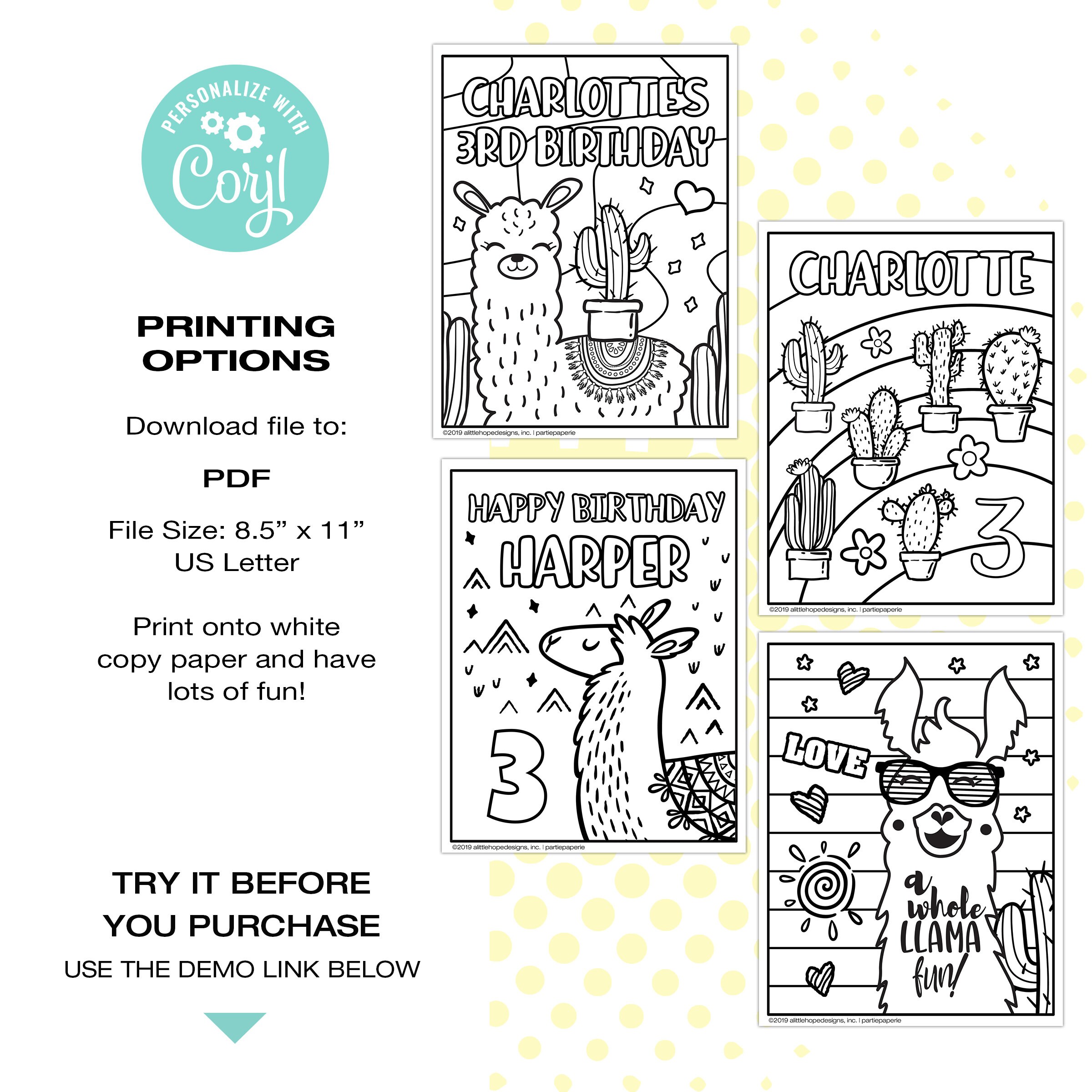 EDITABLE Llama Coloring Pages 4 Designs 8.5 X 11 Birthday | Etsy
