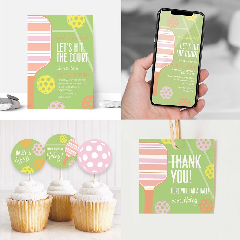 Op de afbeelding: Een set printbare feestversiering voor een pickleball-themafeest. De set bevat een uitnodiging, een bedankkaartje en cupcaketoppers. De uitnodiging heeft een groen en roze racket met een gestreept ontwerp en de tekst "Let's Hit the Court". Het bedankkaartje heeft een vergelijkbaar racketontwerp met de tekst "Bedankt! Ik hoop dat je het leuk had! xoxo, Haley". De cupcaketoppers hebben een roze en witte pickleball met witte stippen.