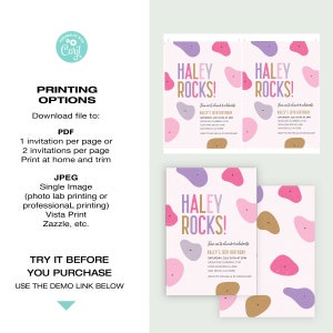 May include: Printable invitation for a 10th birthday party with a rock climbing theme. The invitation features a pink background with colorful abstract shapes and the text "Haley Rocks!" in gold lettering. The invitation includes the date, time, and location of the party.