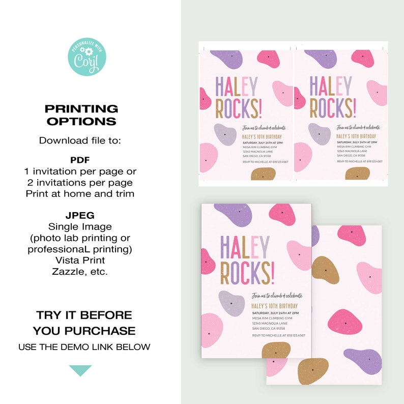 May include: Printable invitation for a 10th birthday party with a rock climbing theme. The invitation features a pink background with colorful abstract shapes and the text "Haley Rocks!" in gold lettering. The invitation includes the date, time, and location of the party.