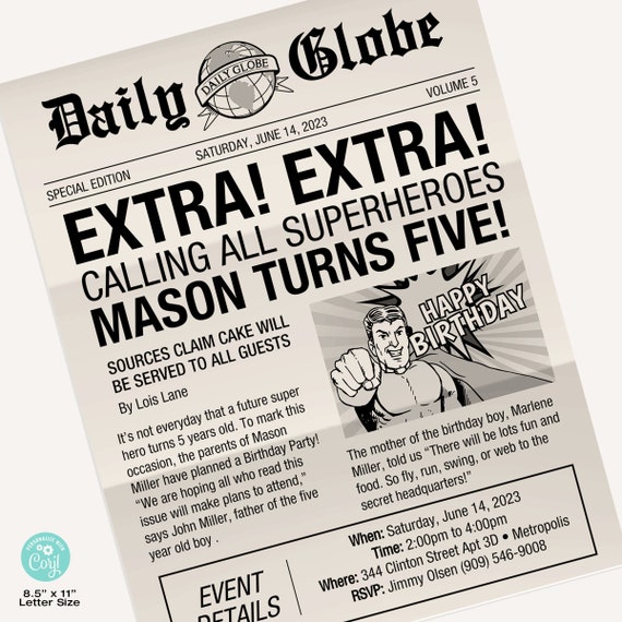 EDITABLE Superhero Newspaper Invitation / Superhero Invite • 8.5" x 11" Letter Size / Super Hero / Corjl | Instant Download