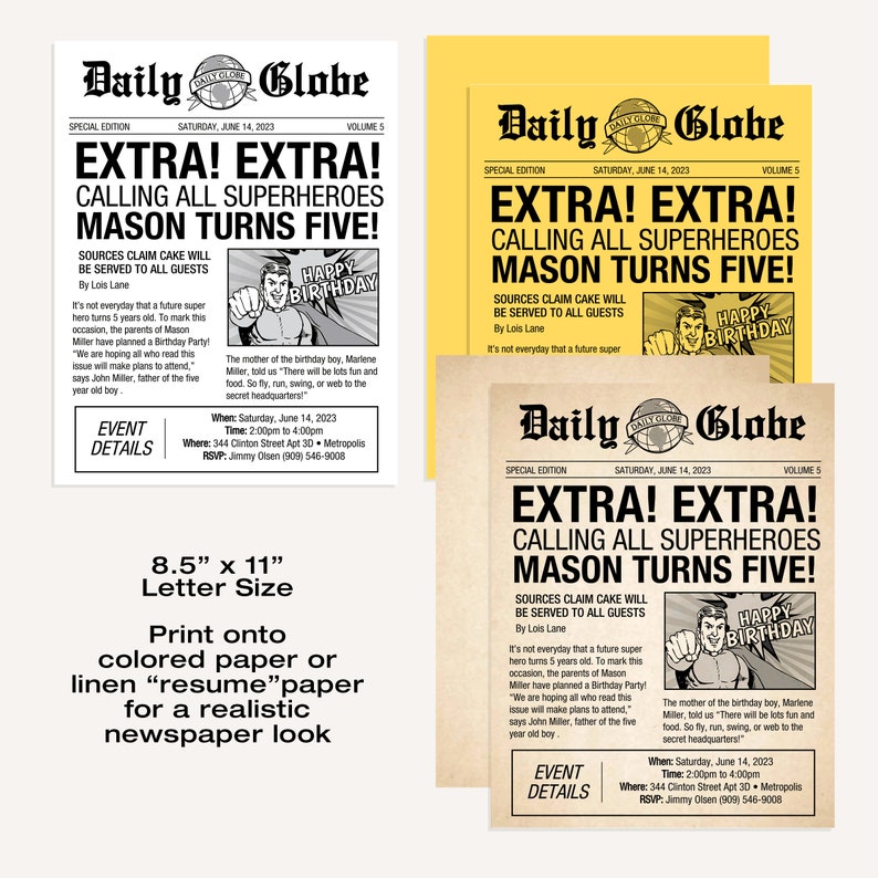 May include: A newspaper-style birthday invitation for a child named Mason turning five. The invitation features a superhero theme with a cartoon superhero and the text "Extra! Extra! Calling all superheroes Mason turns five!" The invitation includes details about the event, including the date, time, and location.