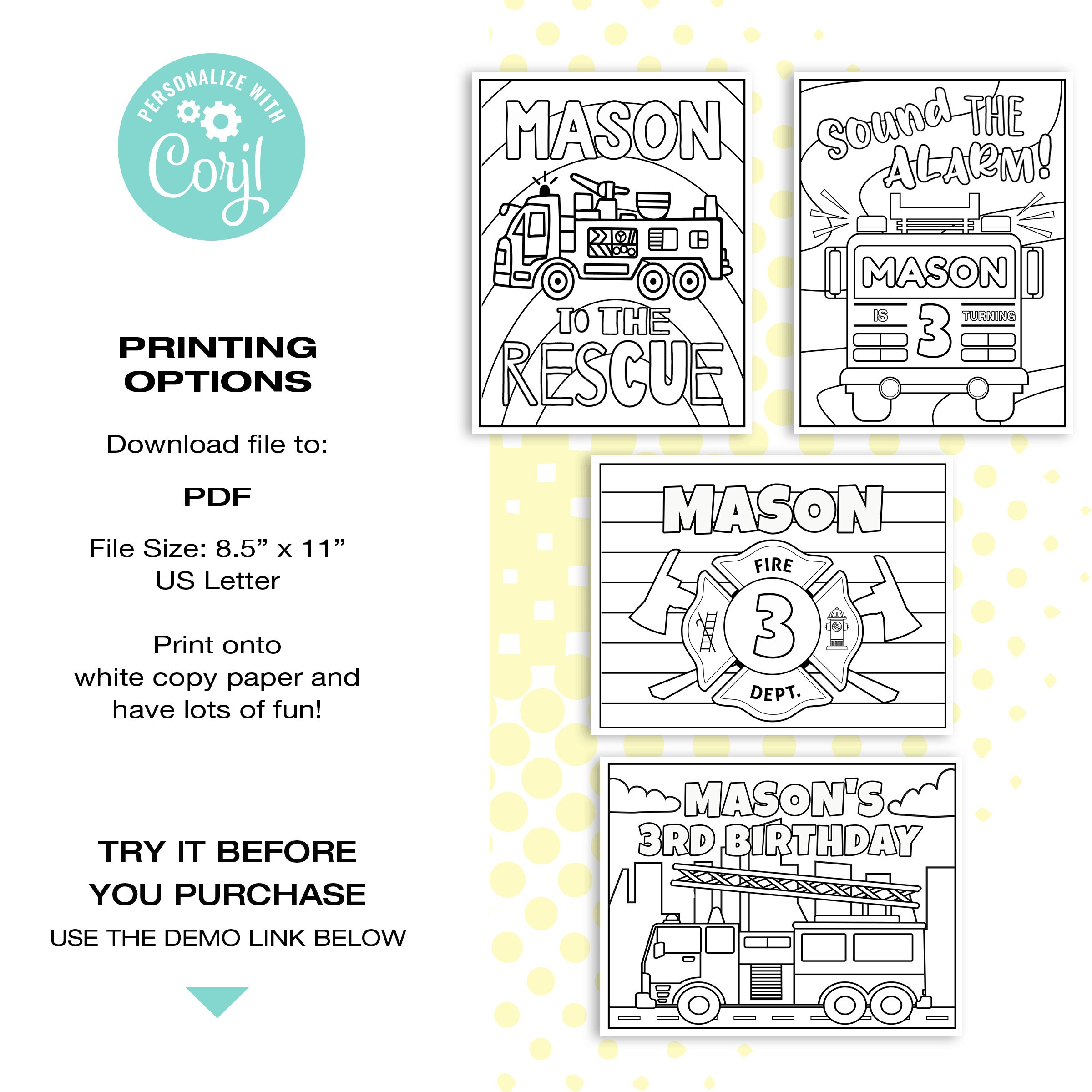 EDITABLE Fire Truck Coloring Pages • 4 Designs 8.5 X 11 | Birthday ...