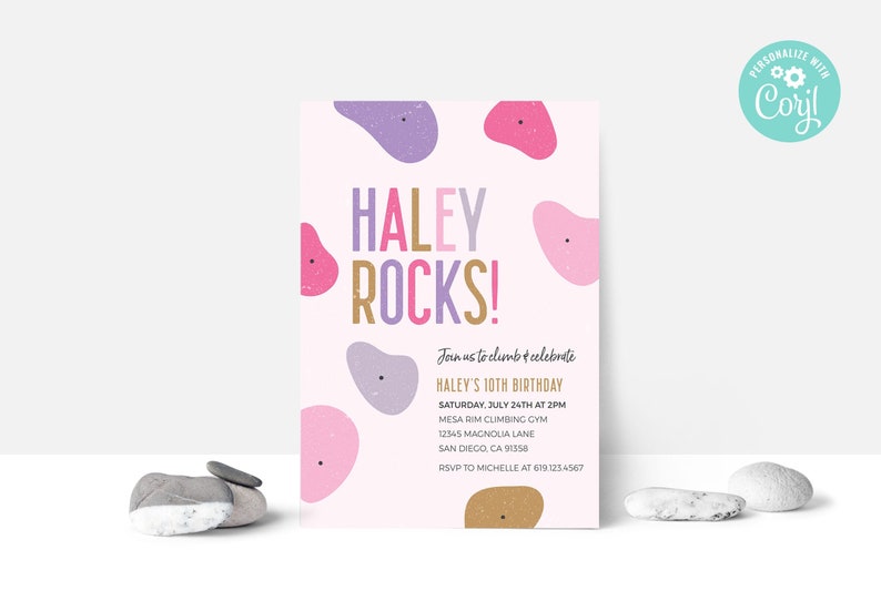 May include: A pink and white birthday invitation with the text "Haley Rocks!" and a climbing gym theme. The invitation includes details for Haley's 10th birthday party, including the date, time, location, and RSVP information.