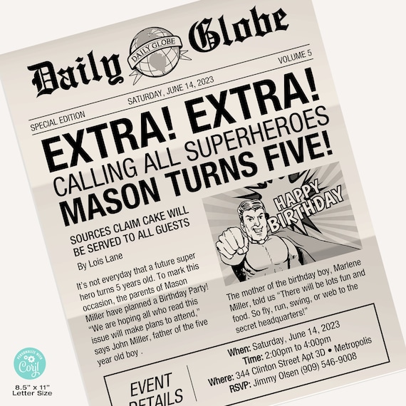 EDITABLE Superhero Newspaper Invitation / Superhero Invite • 8.5" x 11" Letter Size / Super Hero / Corjl | Instant Download