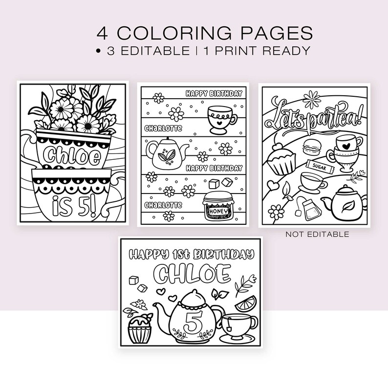 Let's Partea Color Pages EDITABLE Tea Party Coloring Pages • 4 Coloring Pages (3 Editable ...