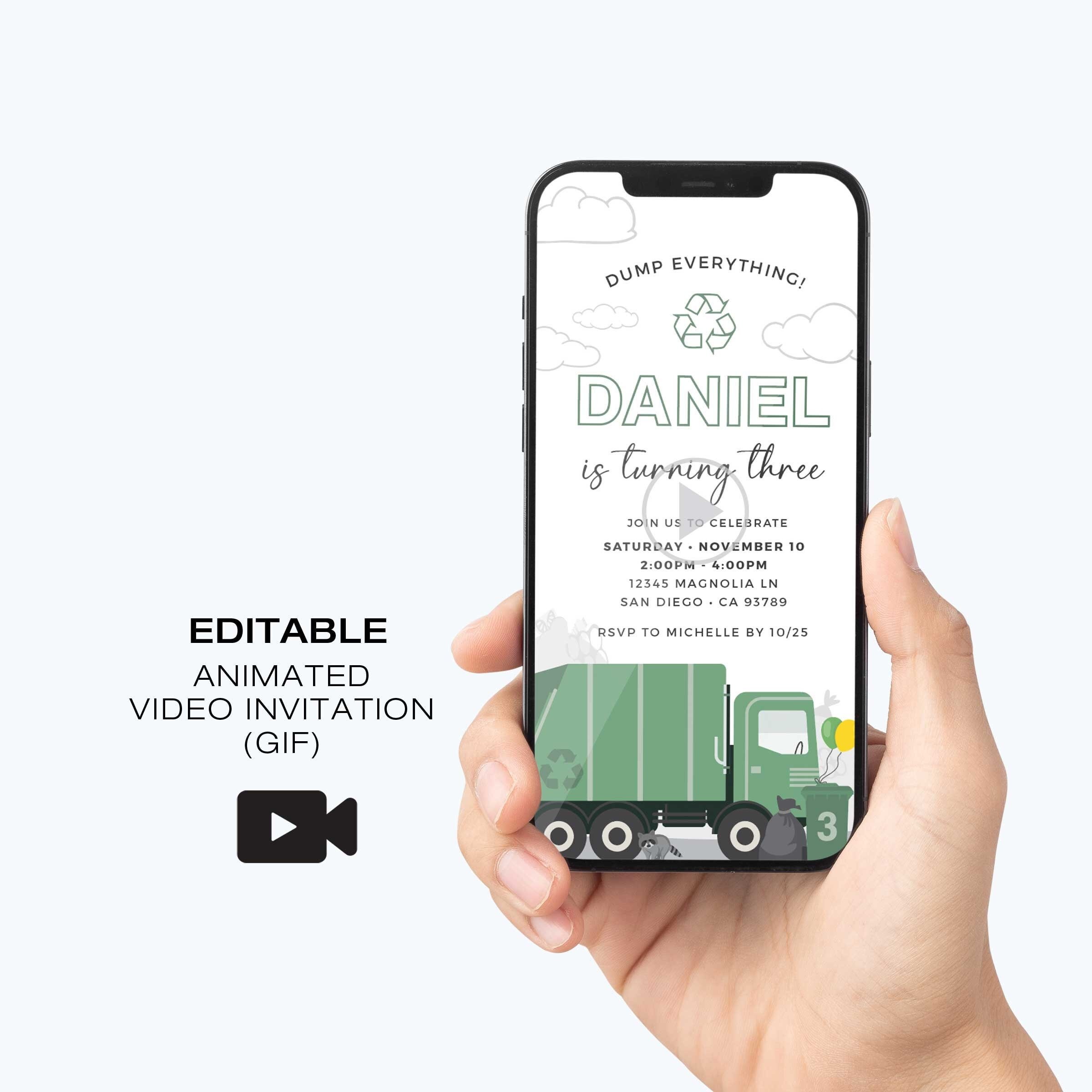 EDITABLE Garbage Truck Birthday Animated Video Invitation, Electronic ...