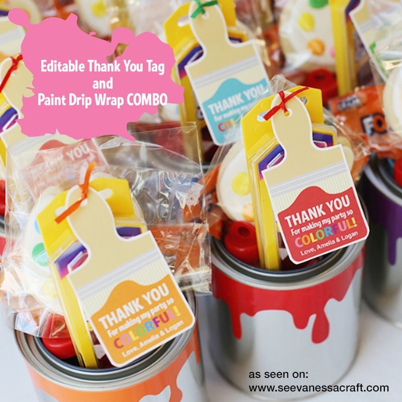 Editable Art Party Thank You Tags and Paint Dripping Can Wrap