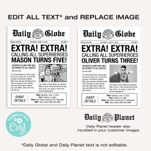 May include: A black and white newspaper-style invitation with the headline "Extra! Extra! Calling all superheroes Mason turns five!"  The invitation features a cartoon superhero with a red cape and a birthday cake. The event details include the date, time, and location.