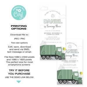 May include: A green and white printable invitation for a birthday party. The invitation features a cartoon refuse truck and the text "DUMP EVERYTHING DANIEL is turning three".