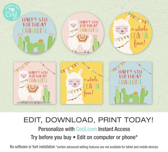 EDITABLE Printable Llama Cupcake Toppers Llama Stickers | Etsy
