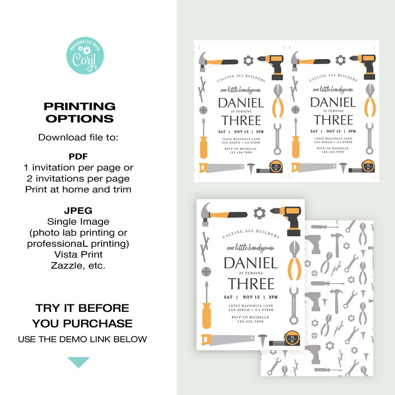 May include: A printable invitation for a child's third birthday party. The invitation features a gray and yellow toolbox with tools and the text "Calling all builders, our little handyman Daniel is turning three". The invitation is decorated with a gray and white pattern of tools.