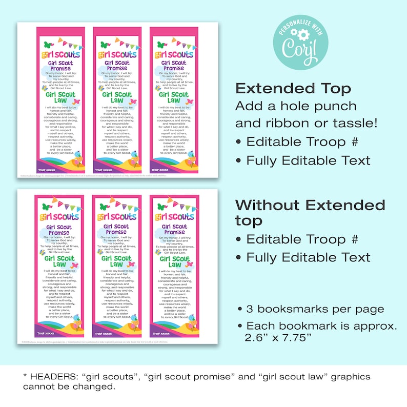 BOOKMARKS Girl Scout Promise and Law Printable EDITABLE Text - Etsy