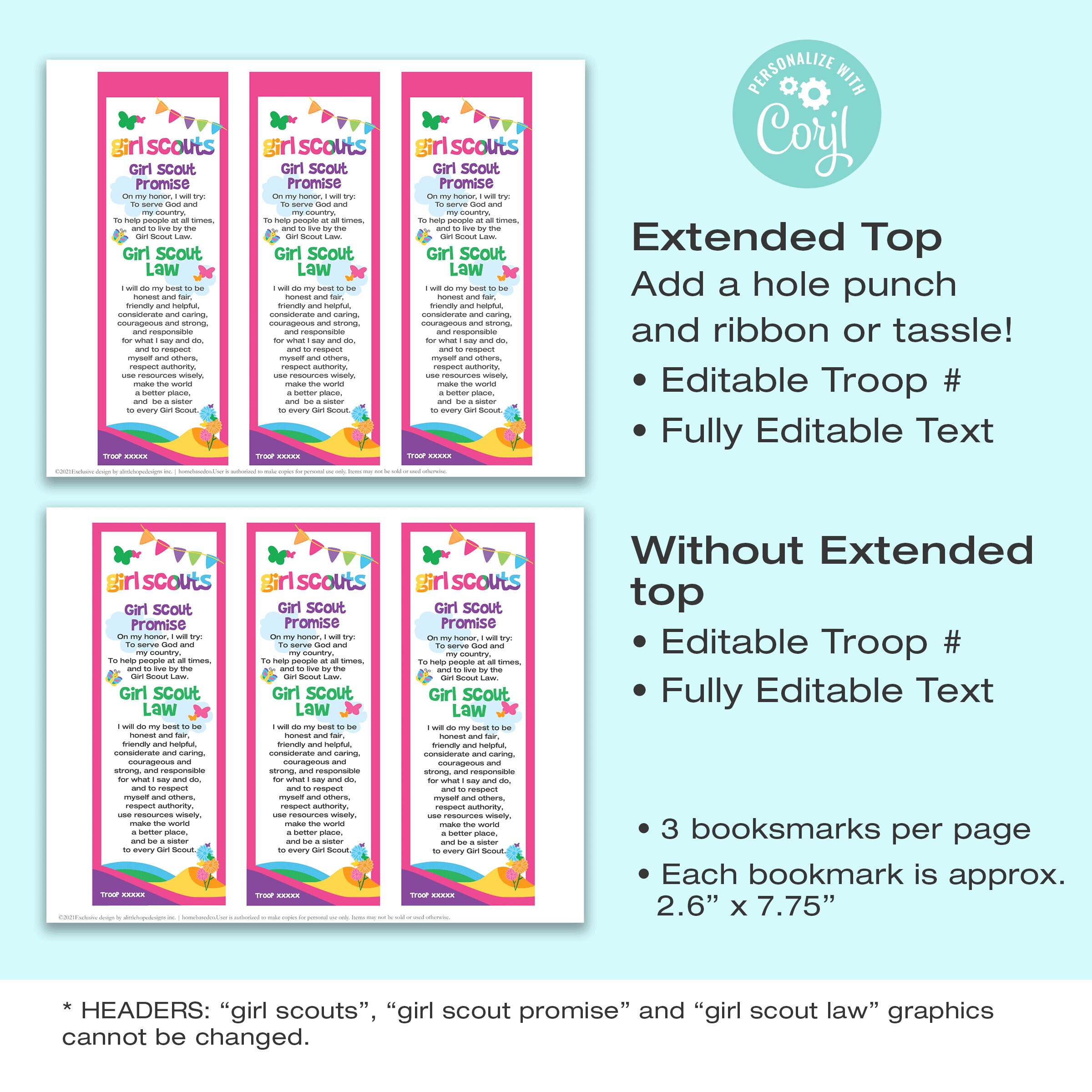 BOOKMARKS Girl Scout Promise and Law Printable EDITABLE Text - Etsy