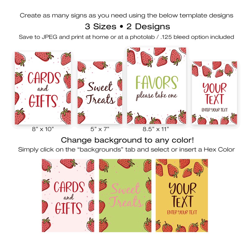 EDITABLE Strawberry Party Signs • 3 Designs, 8.5x11, 8x10 and 5x7 ...