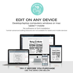 May include: A mockup of a digital newspaper template with the headline "EXTRA! EXTRA! CALLING ALL SUPERHEROES MASON TURNS FIVE!"  The template is shown on a desktop computer, tablet, and smartphone. The text "TRY IT BEFORE YOU PURCHASE USE THE DEMO LINK BELOW" is at the bottom of the image.
