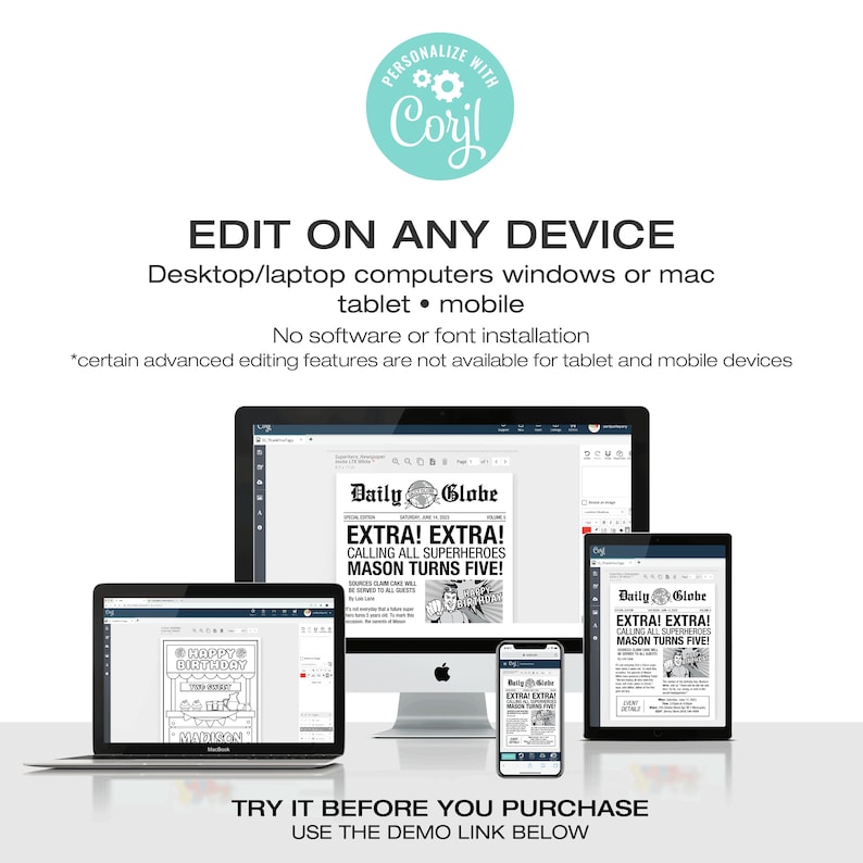 May include: A mockup of a digital newspaper template with the headline "EXTRA! EXTRA! CALLING ALL SUPERHEROES MASON TURNS FIVE!"  The template is shown on a desktop computer, tablet, and smartphone. The text "TRY IT BEFORE YOU PURCHASE USE THE DEMO LINK BELOW" is at the bottom of the image.