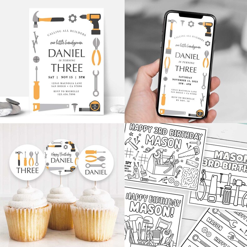 May include: A set of printable party decorations for a 3rd birthday party with a construction theme. The set includes a printable invitation, cupcake toppers, and coloring pages. The invitation features a gray and yellow color scheme with a toolbox and tools design. The cupcake toppers feature a toolbox and tools design with the name "Daniel" and the number "Three". The coloring pages feature a toolbox and tools design with the name "Mason".